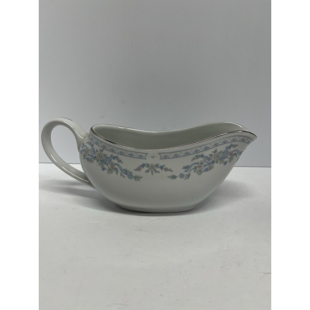 Excel Somerset China Gravy Boat Floral Blue Pink w/Silver Rim 7"L x 3.5"H